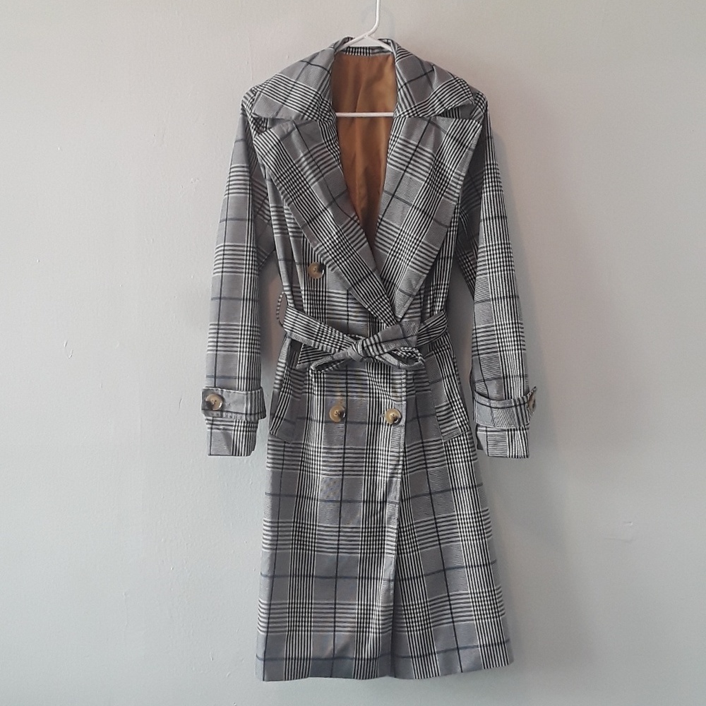 Grey plaid belted coat